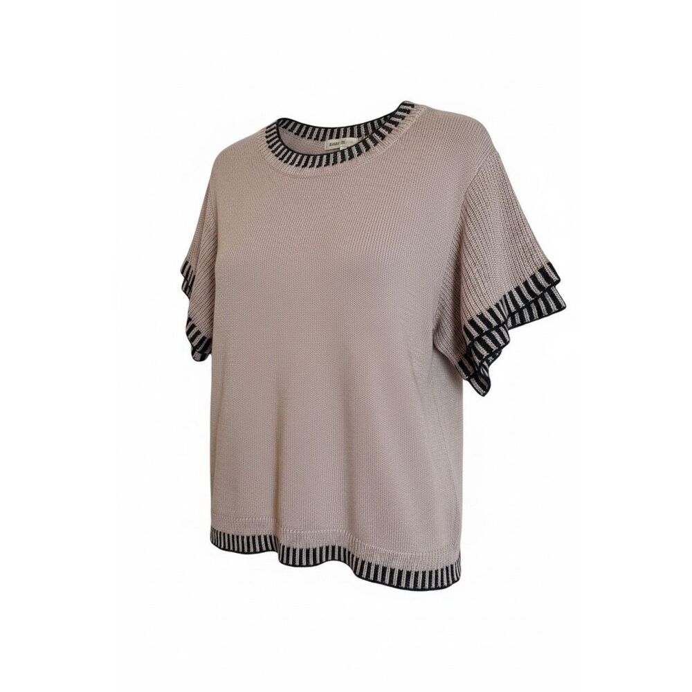 Short Sleeve Ruffle Striped Knit Crew Neck‎  Sweater Top Khaki Black Size XL